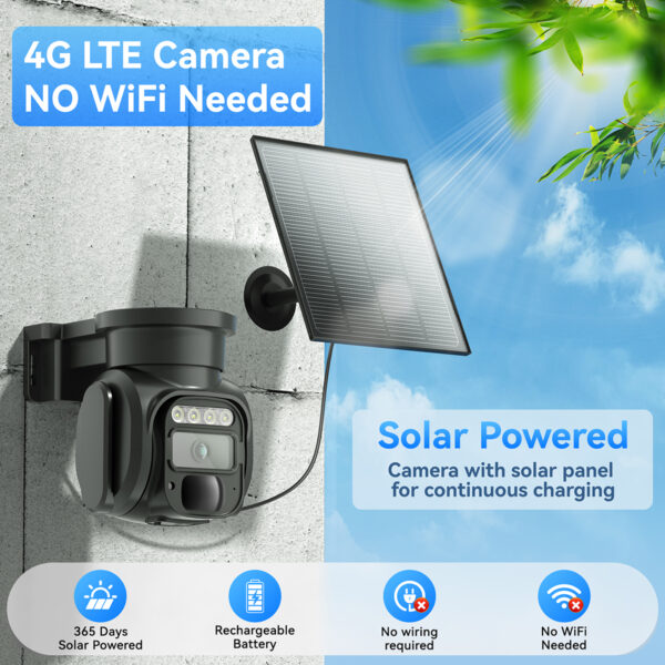 4G LTE Cellular Security Cameras Wireless Outdoor, No WiFi Solar Security Camera, 2K HD Cam Color Night Vision, 2-Way Audio, 355° Live View, PIR Motion Sensor (SIM Card Included) - Image 2